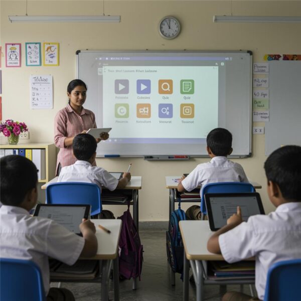 Indian students using tablets in a classroom while a teacher guides them with digital microlearning tools.