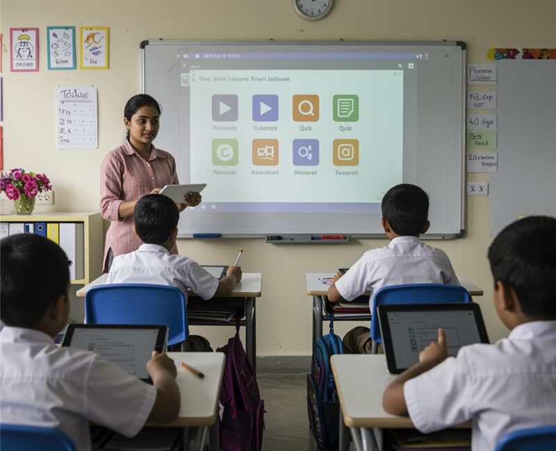 Indian students using tablets in a classroom while a teacher guides them with digital microlearning tools.