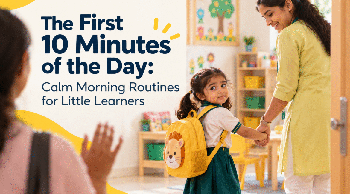 Teacher and young children starting a calm morning together in a bright preschool classroom
