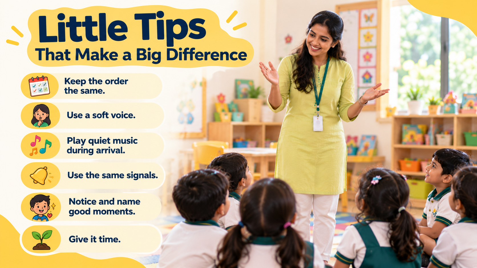 Teacher sharing simple morning routine tips with preschool children in the classroom