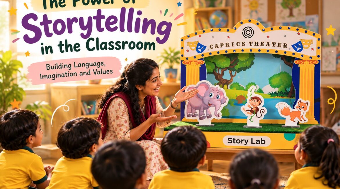 Teacher using the Caprics Story Lab theatre for storytelling in the classroom
