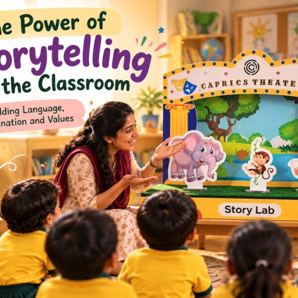 Teacher using the Caprics Story Lab theatre for storytelling in the classroom